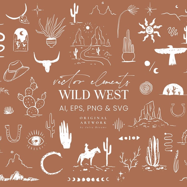 Wild West Vektor Clipart - Western SVG - Outdoors Abenteuer PNG - Natur Clipart - Silhouette Cowboy Kaktus Berg Schlange Hand Mond Sonne