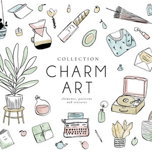 Charm Art Digital Clipart - Individual PNG Files - Naive Line Graphics - Invitation - Hand Painted Graphic Set - Large Collection - Home Art