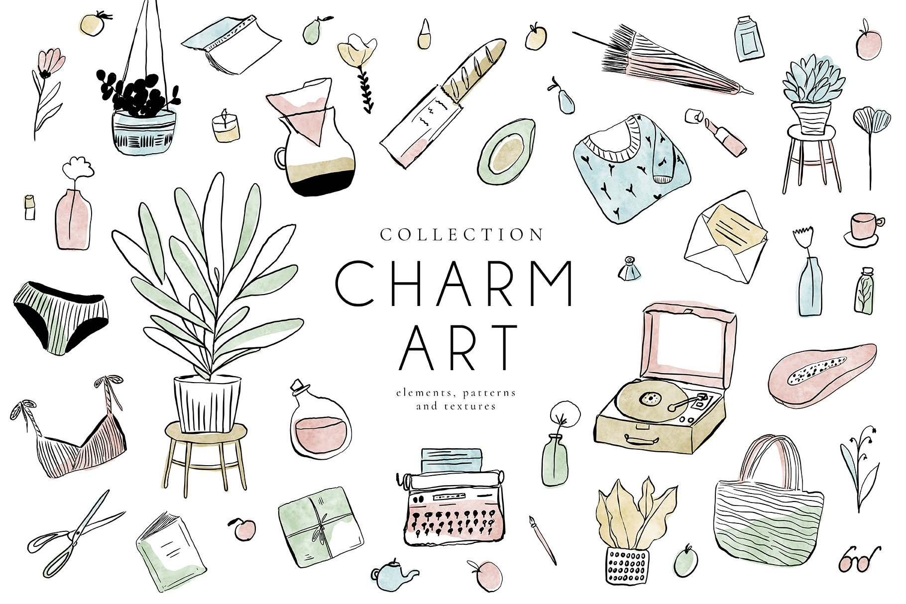 Charm Kunst digitale Clipart - einzelne PNG-Dateien - Naive Linie Grafiken - Einladung - von Hand bemalt Grafik-Set - große Sammlung - Home Art