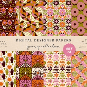 Papiers numériques de style années 70 - Utilisation commerciale - Papier scrapbook - Motif sans couture - Papier design - Arrière-plan - Mains hippies vintage à fleurs