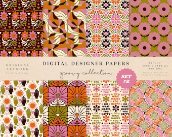 70s Style Digital Papers - Commercial Use - Scrapbook Paper - Seamless Pattern - Designer Paper - Background - Flower Vintage Hippie Hands
