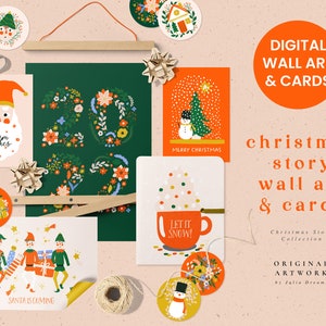 Cartões de arte de parede de história de Natal - Clip Art de Natal - Papéis para impressão - Adesivos de Natal - Quebra-nozes de Papai Noel - Clipart de árvore de flores