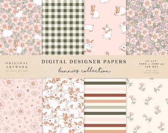 Cute Bunnies Digital Papers - Commercial Use - Scrapbook Paper - Seamless Pattern - Nursery Designer Paper Flowers Baby Animals Bunny Easter