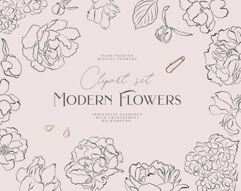 Modern Flowers - Botanical Line Art - Floral Clip Art - Vector Flower Illustration - Clipart Digital Flower Print - Individual PNG - Wedding