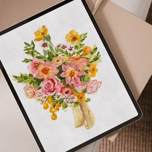 May include: A digital illustration of a bouquet of pink, yellow, and white flowers on a white background. The flowers are painted in a realistic style, with visible brushstrokes.