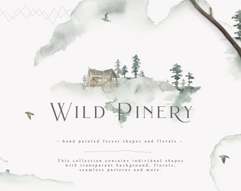 Wild Pinery Digital Clipart - Individual PNG Files - Watercolor Wedding Invitation - Hand Painted Graphic - Large Collection - Tree Village