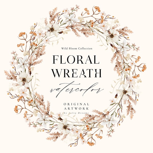 Watercolor Floral Wreath - Wild Bloom - Wreath Clipart - Autumn Clipart - Meadow Flowers - Individual PNG - Wedding Design - Gold Flowers