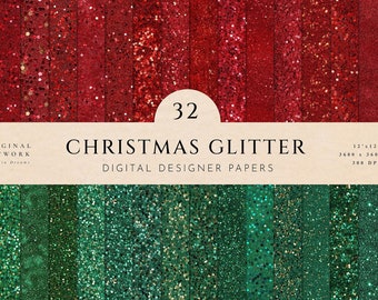 Christmas Glitter Digital Papers - Textures - Metallic Glitter Seamless Pattern - Green Red Background - Holiday Background Scrapbook Papers