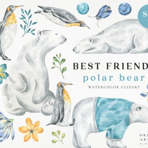 Polar Bear and Penguin Watercolor Clipart - Baby Shower Clip Art - Digital PNG - Aquarelle Nursery Pastel - Baby Boy Girl Clipart - Animaux