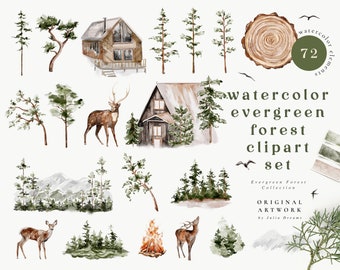 Watercolor Evergreen Forest Digital Clipart Set - Wedding Invitation - Floral Elements - Watercolor Trees - Logo Deer Mountain House Barn