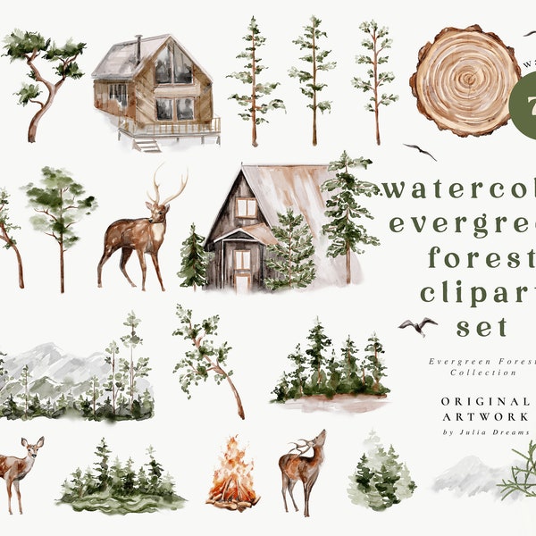 Watercolor Evergreen Forest Digital Clipart Set - Wedding Invitation - Floral Elements - Watercolor Trees - Logo Deer Mountain House Barn
