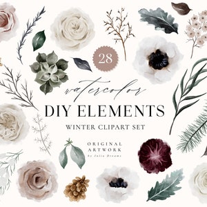 Winter Watercolor Flowers Digital Clipart - Individual PNG Files - Wedding - Floral Elements - DIY Flowers - Watercolor Wildflowers Leaves
