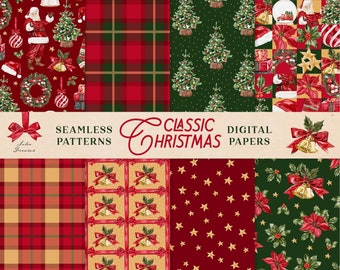 Classic Christmas Digital Papers - Seamless Patterns - Christmas Print Paper - Santa Pattern - Digital Background - Retro Printable Plaid