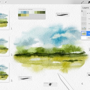May include: A digital illustration of a watercolor landscape with a blue sky, green hills, and yellow grass. The image shows the different layers of the illustration in a digital art program.