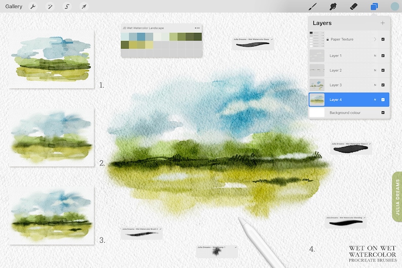 May include: A digital illustration of a watercolor landscape with a blue sky, green hills, and yellow grass. The image shows the different layers of the illustration in a digital art program.