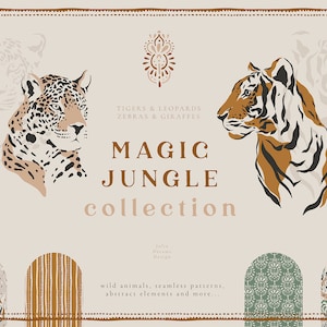 Clipart digitale della giungla magica - Singoli file PNG Logo PNG Elements - Wedding Branding Tropic Digital Papers - Leopard Tiger zebra Giraffe