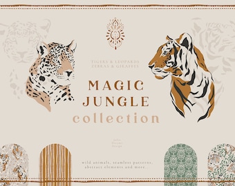 Magic Jungle Digital Clipart - Individual PNG Files Logo PNG Elements - Wedding Branding Tropic Digital Papers - Leopard Tiger Zebra Giraffe