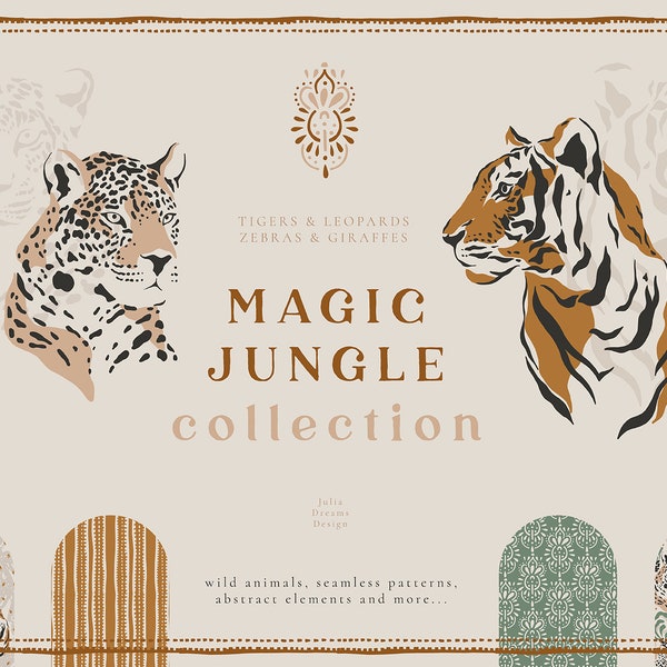 Magic Jungle Digital Clipart - Individuel PNG Files Logo PNG Elements - Wedding Branding Tropic Digital Papers - Leopard Tiger Zebra Giraffe