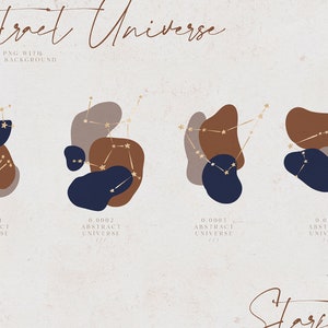 May include: An abstract digital art print featuring four compositions with celestial constellations in gold, set against organic shapes in brown, navy, and beige. The words "Abstract Universe" are at the top.
