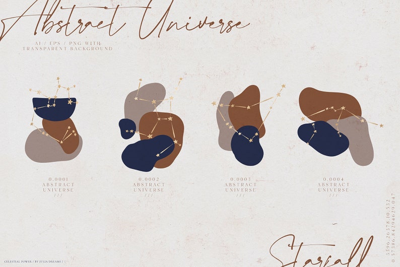 May include: An abstract digital art print featuring four compositions with celestial constellations in gold, set against organic shapes in brown, navy, and beige. The words "Abstract Universe" are at the top.