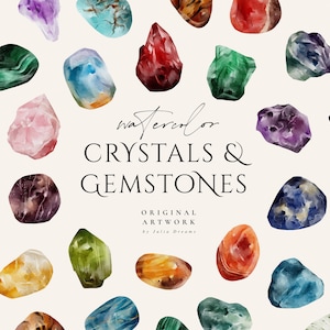 Watercolor Crystals and Gemstones Clipart - Mineral Digital Clipart - Png Gems - Healing Crystals - Digital Amethyst Amber Quartz Moonstone