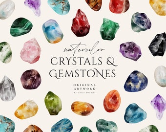 Watercolor Crystals and Gemstones Clipart - Mineral Digital Clipart - Png Gems - Healing Crystals - Digital Amethyst Amber Quartz Moonstone
