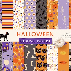 Halloween Digitale Papiere - Kommerzielle Nutzung - Scrapbook Papier - Nahtloses Muster - Süßes Designerpapier - Hintergrund - Hexe Kürbis Schädel Katze