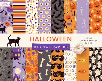 Halloween Digital Papers - Commercial Use - Scrapbook Paper - Seamless Pattern - Cute Designer Paper - Background - Witch Pumpkin Skull Cat