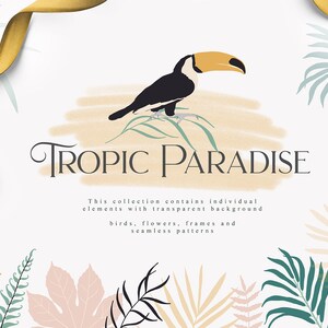 May include: A digital illustration of a toucan with a yellow beak and black and white feathers. The toucan is perched on a branch with green leaves. The background is a light brown watercolor wash. The text "TROPIC PARADISE" is written in black letters below the toucan. The text "This collection contains individual elements with transparent background birds, flowers, frames and seamless patterns" is written in black letters below the title.