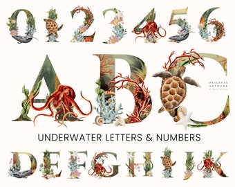 Watercolor Underwater Alphabet Letters Numbers - Under the Sea Animals - Digital Clipart PNG - Baby Nursery - Invitations - Ocean Nautical