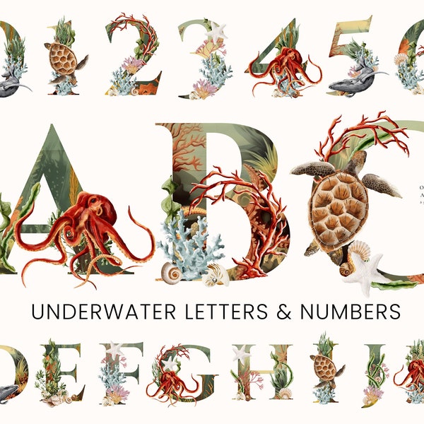Watercolor Underwater Alphabet Letters Numbers - Under the Sea Animals - Digital Clipart PNG - Baby Nursery - Invitations - Ocean Nautical