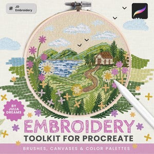 Può includere: Un kit di strumenti per ricamo per Procreate con un'illustrazione digitale di un paesaggio con una casa, colline e fiori all'interno di un telaio in legno. L'interfaccia mostra vari motivi di punti, etichette di testo e uno stilo bianco.