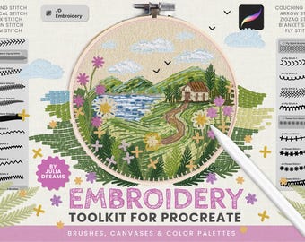 Peut inclure: Un kit d'outils de broderie pour Procreate présentant une illustration numérique de paysage avec une maison, des collines et des fleurs dans un tambour en bois. L'interface affiche divers motifs de points, des étiquettes et un stylet blanc.