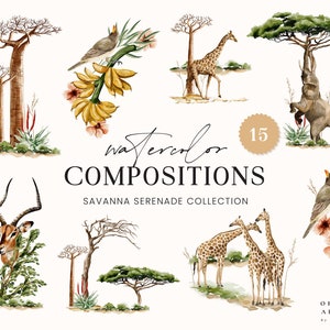 May include: Watercolor illustrations of various African animals and plants, including a giraffe, elephant, antelope, baobab tree, and birds. The illustrations are part of a collection called "Savanna Serenade".