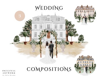 Wedding Compositions Ready to Use Clipart - Watercolor Digital Clipart - Individual PNG Files - Wedding Invitation - Bride and Groom House