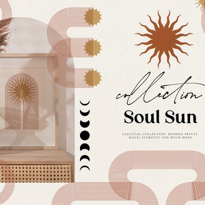 Soul Sun Digital Clipart - Nowoczesna sztuka ścienna - Elementy logo PNG - Papiery cyfrowe do brandingu ślubnego - Nowoczesne linie Star Sun Line Art Tekstura