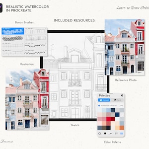 May include: A digital illustration tutorial for learning to draw architecture in Procreate. The tutorial includes a watercolor illustration of a building, a sketch of the building, a reference photo, and a color palette.