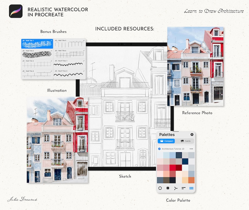 May include: A digital illustration tutorial for learning to draw architecture in Procreate. The tutorial includes a watercolor illustration of a building, a sketch of the building, a reference photo, and a color palette.