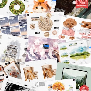 Peut inclure: Une collection de pinceaux num&eacute;riques pour Procreate, proposant une vari&eacute;t&eacute; de styles, notamment aquarelle, tricot et r&eacute;aliste. Les pinceaux sont utilis&eacute;s pour cr&eacute;er diverses illustrations, telles qu'un chat, une feuille de palmier, une maison et une chaise.