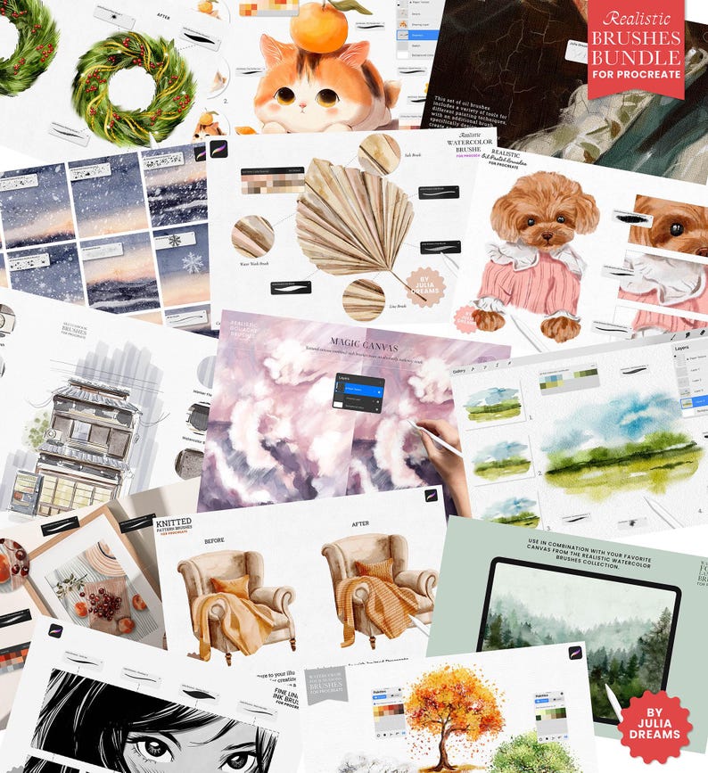 Peut inclure: Une collection de pinceaux num&eacute;riques pour Procreate, proposant une vari&eacute;t&eacute; de styles, notamment aquarelle, tricot et r&eacute;aliste. Les pinceaux sont utilis&eacute;s pour cr&eacute;er diverses illustrations, telles qu'un chat, une feuille de palmier, une maison et une chaise.