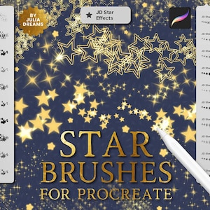 May include: Digital star brushes for Procreate, showcasing star effects and line brushes. The image presents diverse star designs, brush names, and the text "STAR BRUSHES FOR PROCREATE" in gold lettering on a dark blue backdrop.