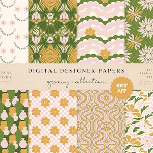 Positivity Digital Papers - Commercial Use - Scrapbook Paper - Seamless Pattern - Designer Paper - Retro Happy Face 70s Flower Checkered