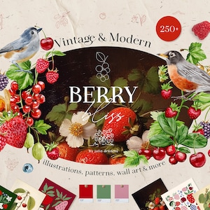Berry Bliss Acquerello Digital Clipart Set - Invito alle bacche - Elementi floreali - Uccelli dell'acquerello - Carta digitale - Lampone fragola