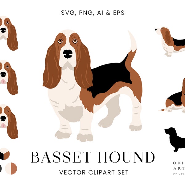 Basset Hound - Dogs Clipart Set - Dog Breeds - Digital PNG SVG Vector - Cute Animals Pets Portrait Puppy - Commercial Use Print Sticker