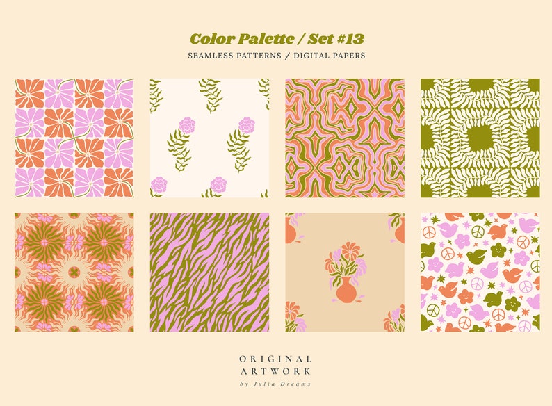 Peace Digital Papers - Commercial Use - Scrapbook Paper - Seamless Pattern - Designer Paper - Background - 70s Flower Vintage Tiger Print image 2