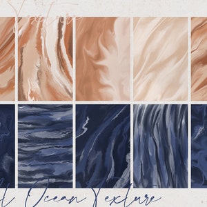 May include: A collection of abstract digital art prints featuring fluid textures in warm earth tones and deep blues. The prints are arranged in a grid, with the words "Moods Texture" and "Night Ocean Texture" written in cursive.