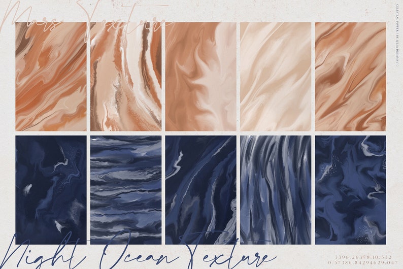 May include: A collection of abstract digital art prints featuring fluid textures in warm earth tones and deep blues. The prints are arranged in a grid, with the words "Moods Texture" and "Night Ocean Texture" written in cursive.