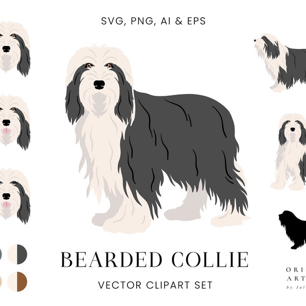 Bearded Collie - Dogs Clipart Set - Dog Breeds - Digital PNG SVG Vector - Cute Animals Pets Portrait Puppy - Commercial Use Print Sticker