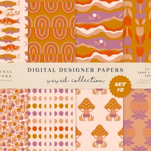 Könnte beinhalten: Set mit 8 digitalen Papierdesigns in einer lebendigen Farbpalette. Die Muster umfassen Fische, Regenbögen, Wellen, Blumen, Punkte, Pilze und Palmen. Die Papiere sind 30,48 cm x 30,48 cm groß und haben 300 DPI.