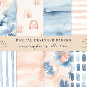 Morning Stories Digital Paper - Scrapbook Papers - Modelli senza cuciture - Sfondo digitale - Set di carta watercolor - Rainbow Lines Flowers Art